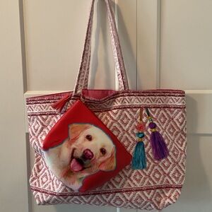 Pink and White Patterned Tote with Dog Print Pouch